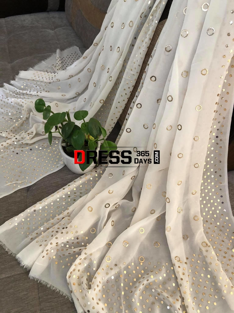 Pure Georgette Ivory Ring Mukaish Dupatta Chikankari
