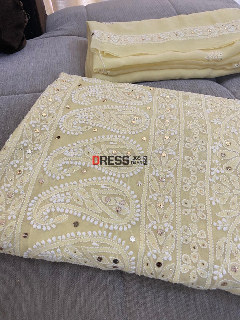 Pure Georgette Light Yellow Mukaish Chikankari Suit Suits