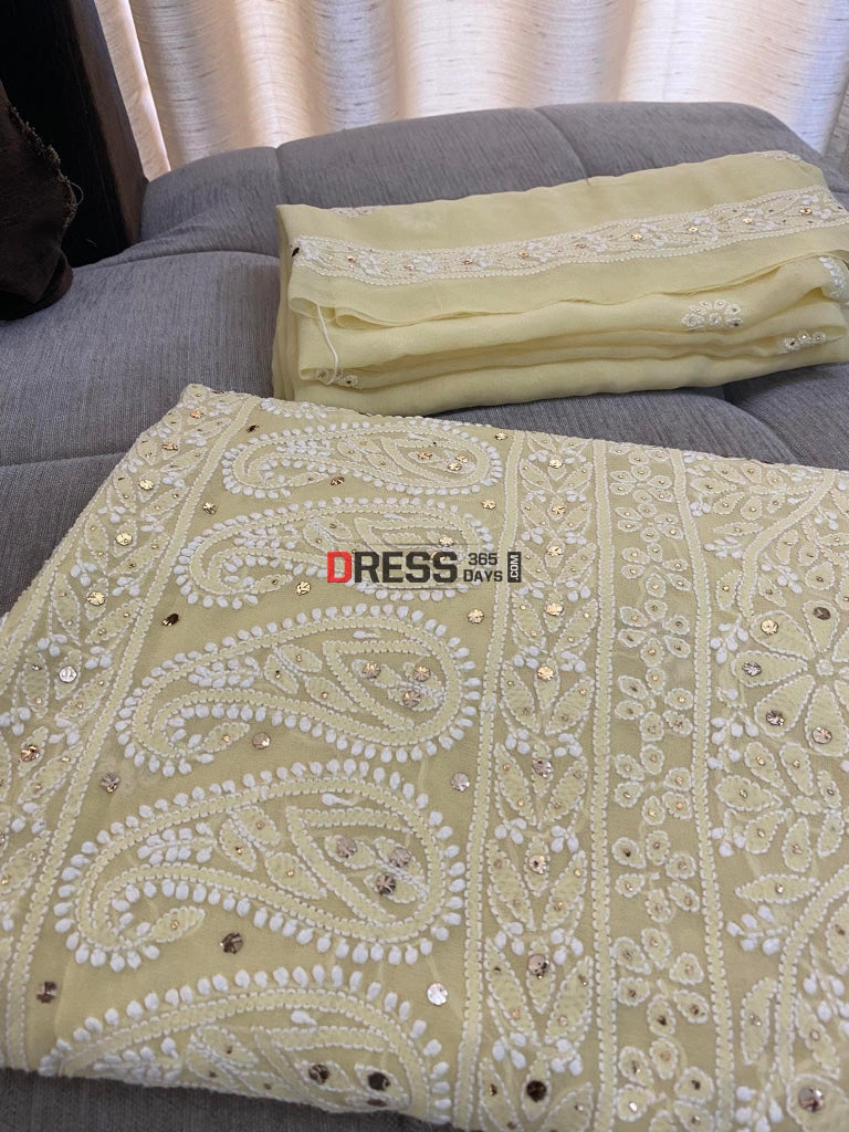 Pure Georgette Light Yellow Mukaish Chikankari Suit Suits