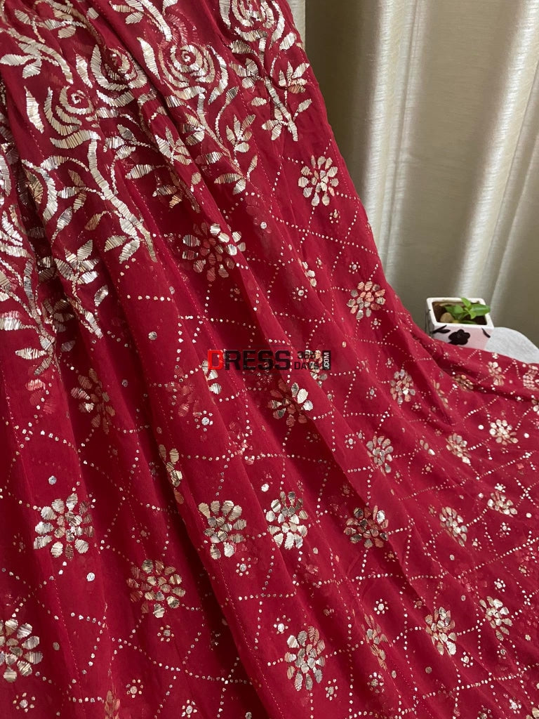 Pure Georgette Red Kamdani Anarkali Suit Chikankari