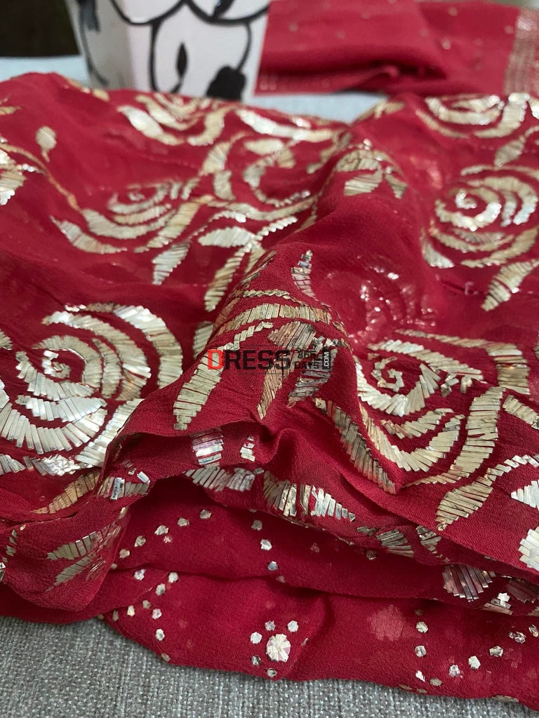 Pure Georgette Red Kamdani Anarkali Suit Chikankari