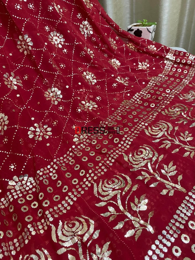 Pure Georgette Red Kamdani Anarkali Suit Chikankari