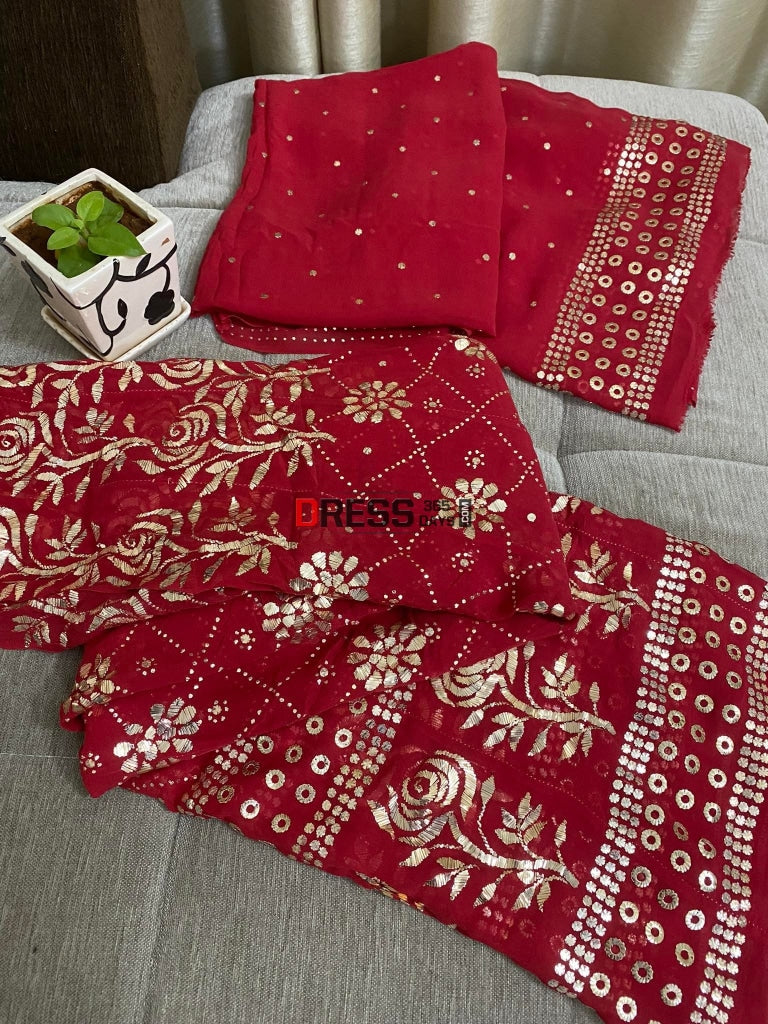 Pure Georgette Red Kamdani Anarkali Suit Chikankari