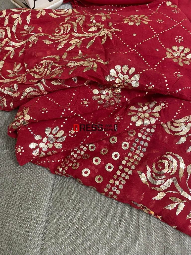 Pure Georgette Red Kamdani Anarkali Suit Chikankari