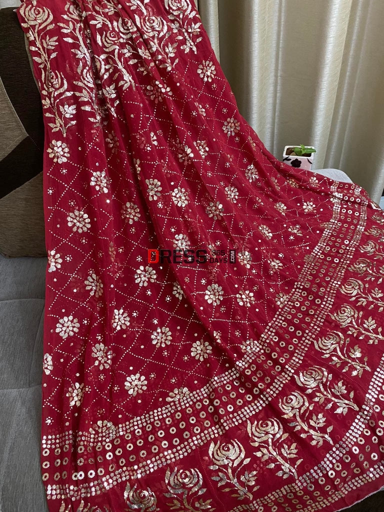 Pure Georgette Red Kamdani Anarkali Suit Chikankari