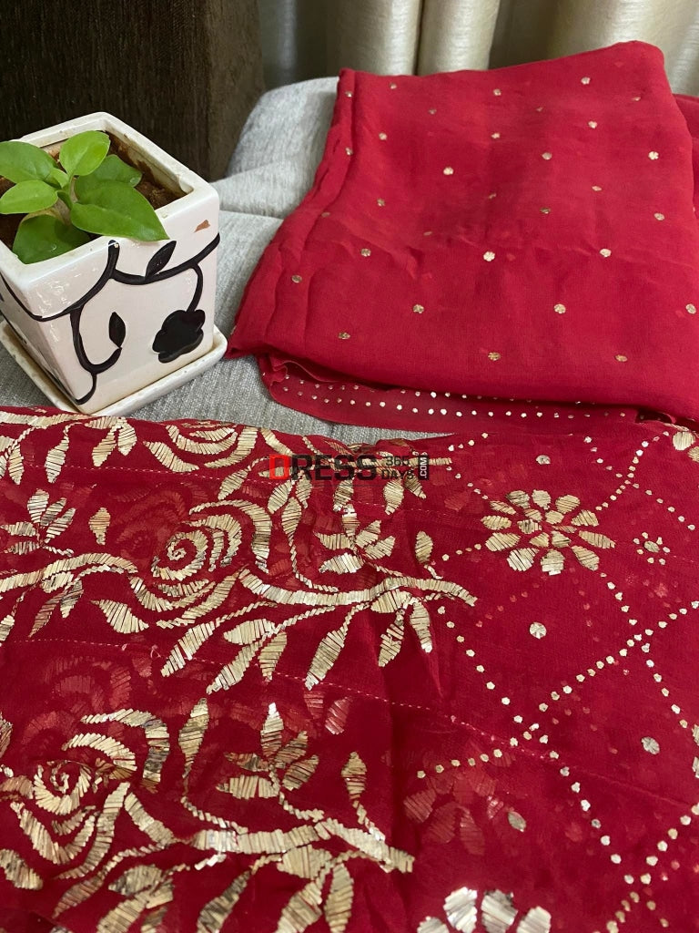 Pure Georgette Red Kamdani Anarkali Suit Chikankari