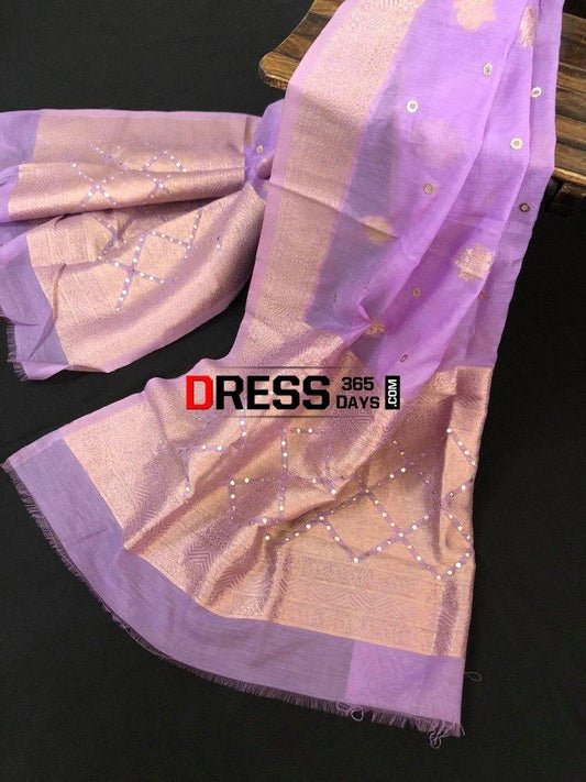 Purple Chanderi Banarasi Aari Zari Mukaish Stole Dupatta Chikankari