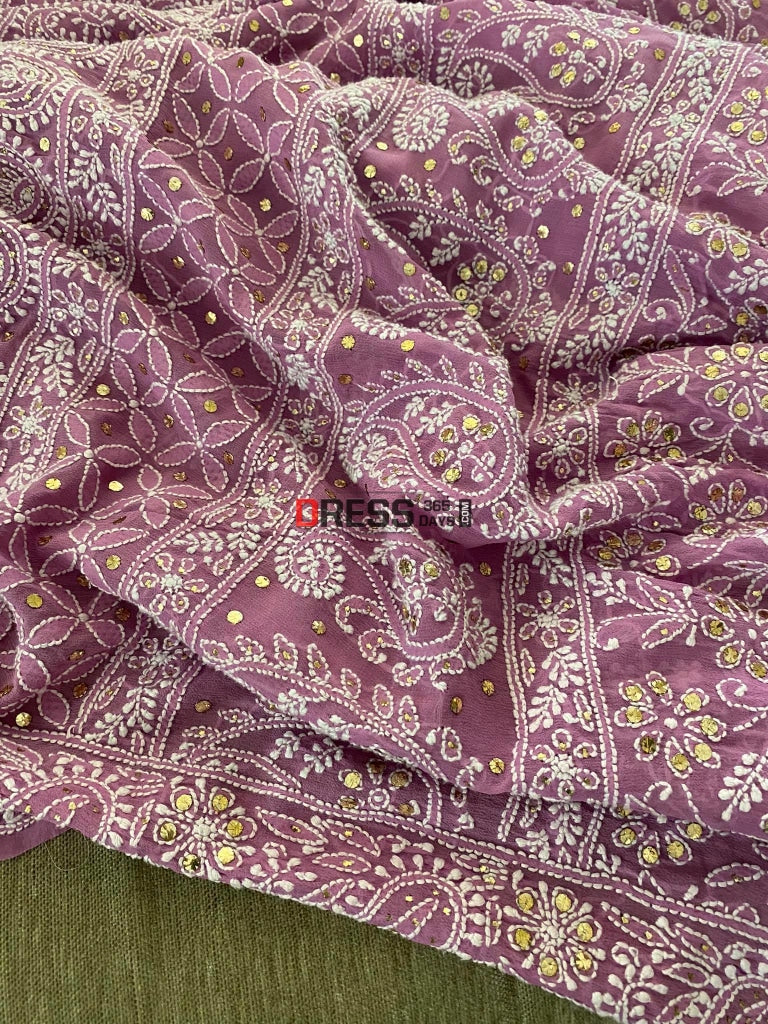 Purple Chikankari & Golden Mukaish Saree