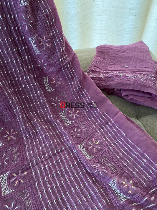 Purple Chikankari Pearl Kurta Dupatta Set Suits