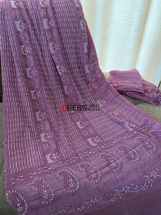 Purple Chikankari Pearl Kurta Dupatta Set Suits