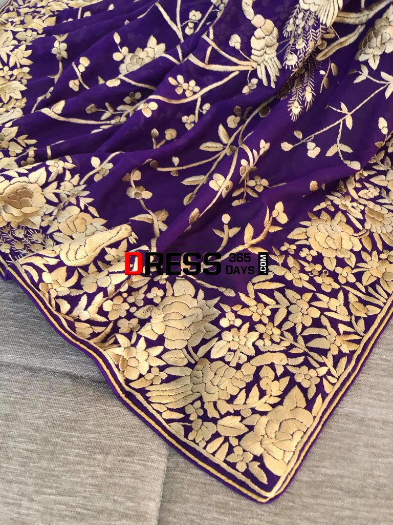 Purple & Gold Parsi Gara Dupatta