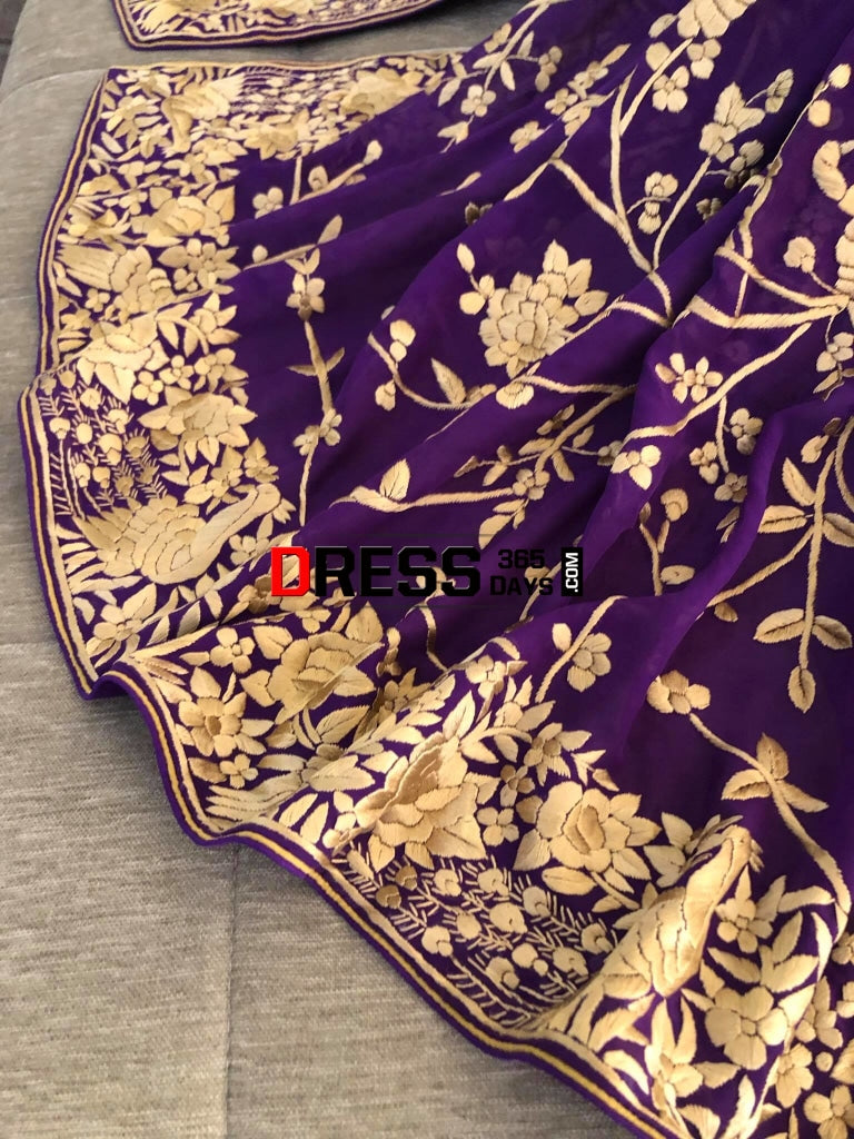 Purple & Gold Parsi Gara Dupatta