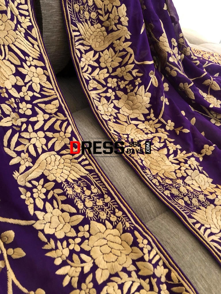 Purple & Gold Parsi Gara Dupatta