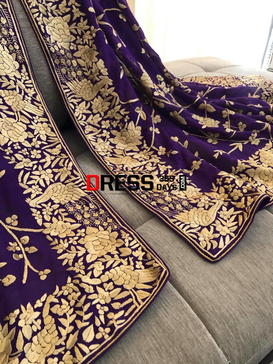 Purple & Gold Parsi Gara Dupatta