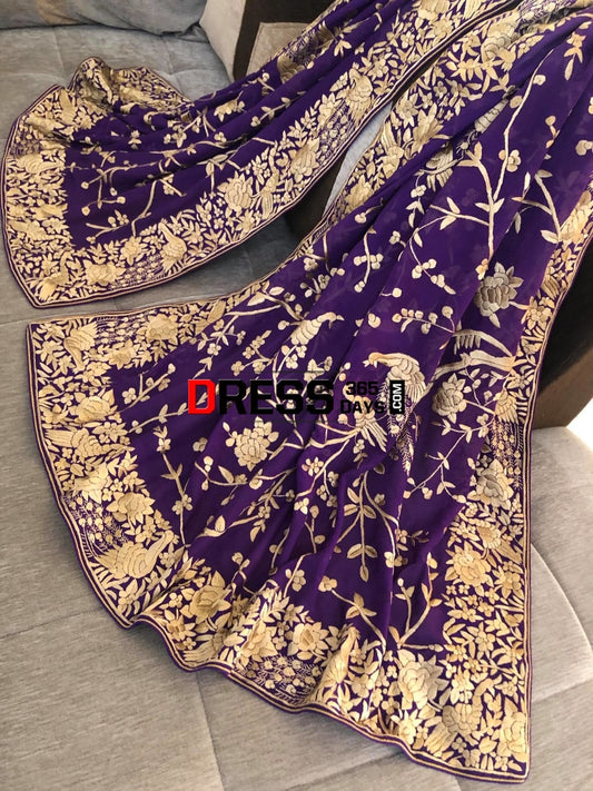 Purple & Gold Parsi Gara Dupatta