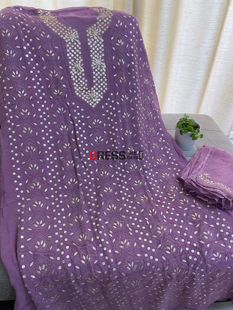 Purple Gota Patti Neckline Chikankari Kurta Dupatta Suits