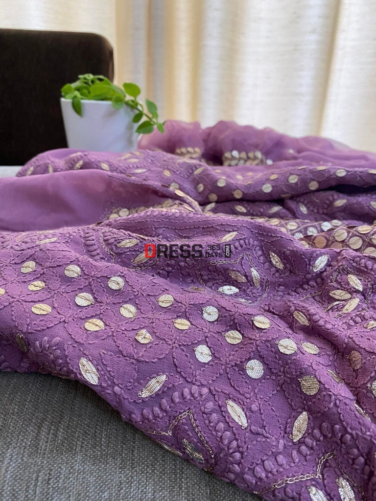 Purple Gota Patti Neckline Chikankari Kurta Dupatta Suits