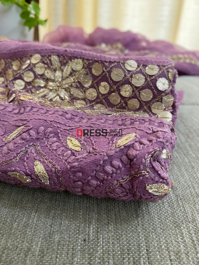 Purple Gota Patti Neckline Chikankari Kurta Dupatta Suits
