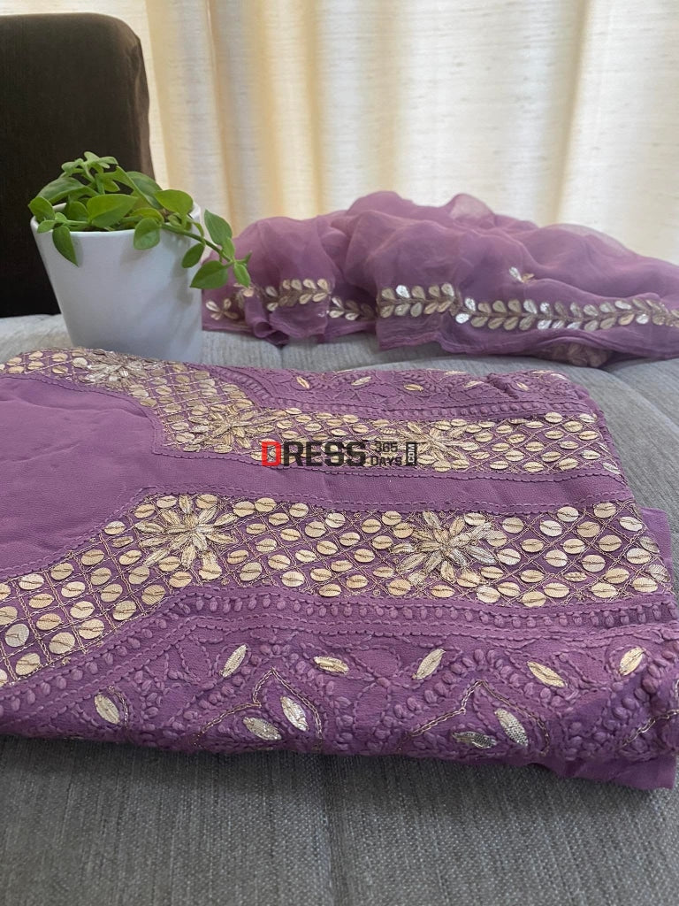 Purple Gota Patti Neckline Chikankari Kurta Dupatta Suits