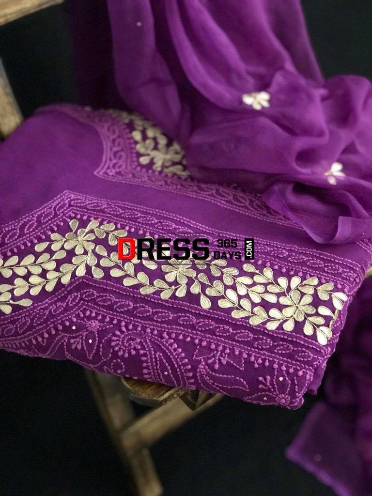 Purple Hand Embroidered Chikankari Suit With Gota Patti Suits