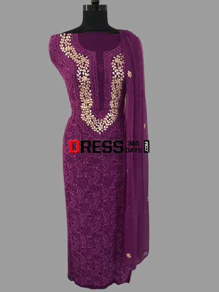 Purple Hand Embroidered Chikankari Suit with Gota Patti - Dress365days