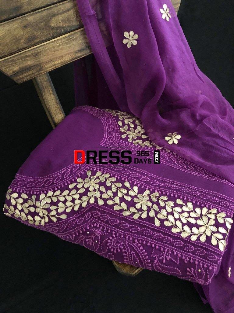 Purple Hand Embroidered Chikankari Suit With Gota Patti Suits