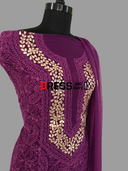 Purple Hand Embroidered Chikankari Suit with Gota Patti - Dress365days