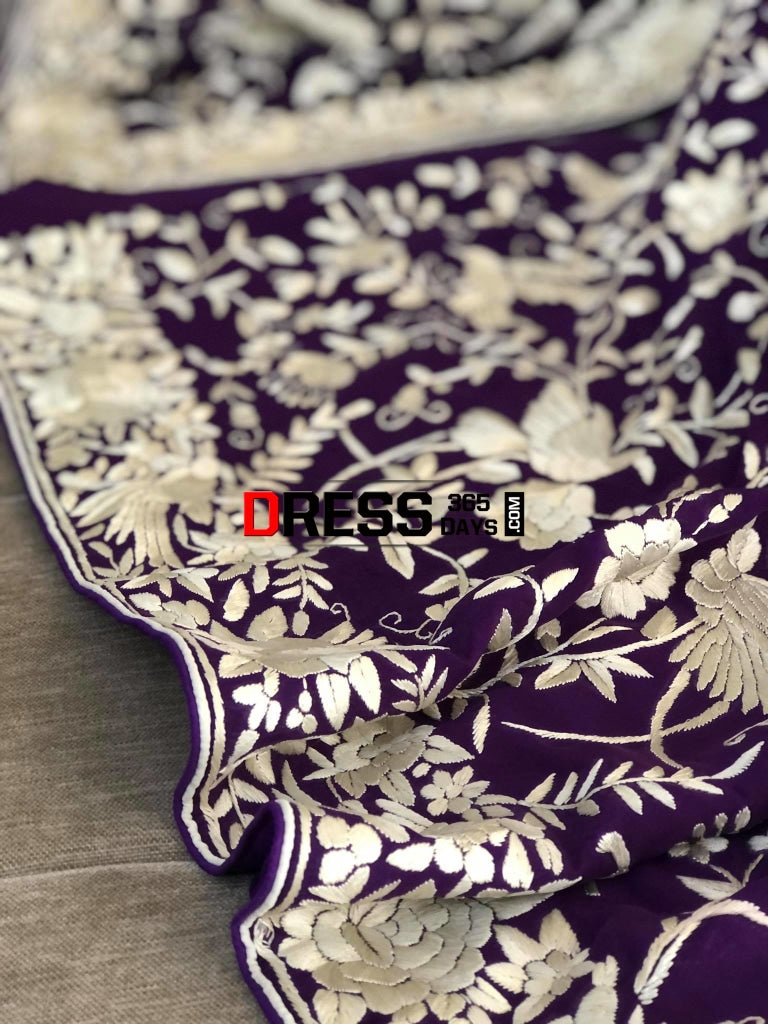 Purple & Ivory Hand Embroidered Parsi Gara Suit Parsi Suits