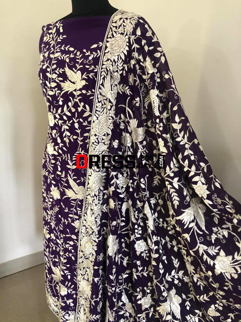 Purple & Ivory Hand Embroidered Parsi Gara Suit Parsi Suits