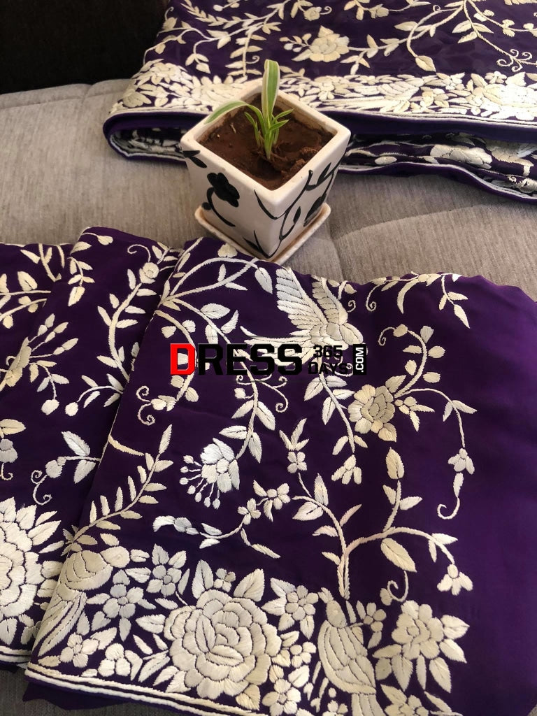 Purple & Ivory Hand Embroidered Parsi Gara Suit Parsi Suits