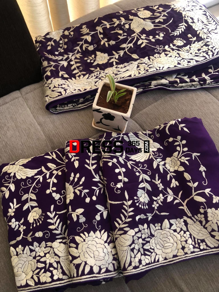 Purple & Ivory Hand Embroidered Parsi Gara Suit Parsi Suits