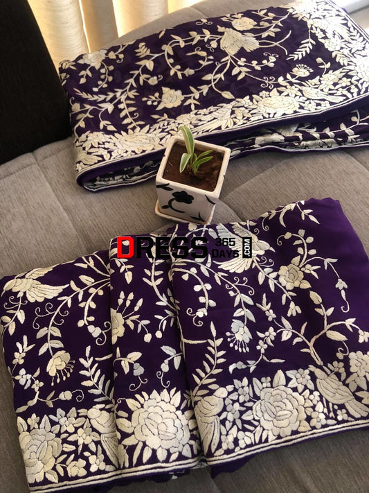 Purple & Ivory Hand Embroidered Parsi Gara Suit Parsi Suits
