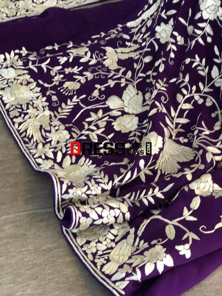 Purple & Ivory Hand Embroidered Parsi Gara Suit Parsi Suits