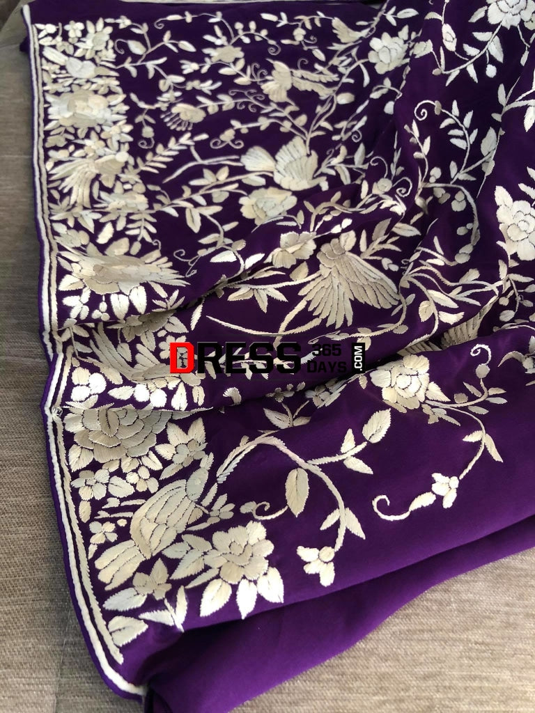 Purple & Ivory Hand Embroidered Parsi Gara Suit Parsi Suits