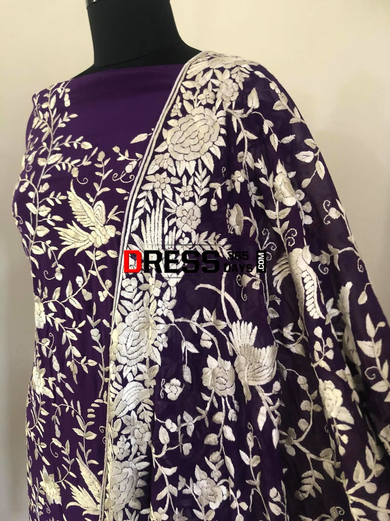 Purple & Ivory Hand Embroidered Parsi Gara Suit Parsi Suits