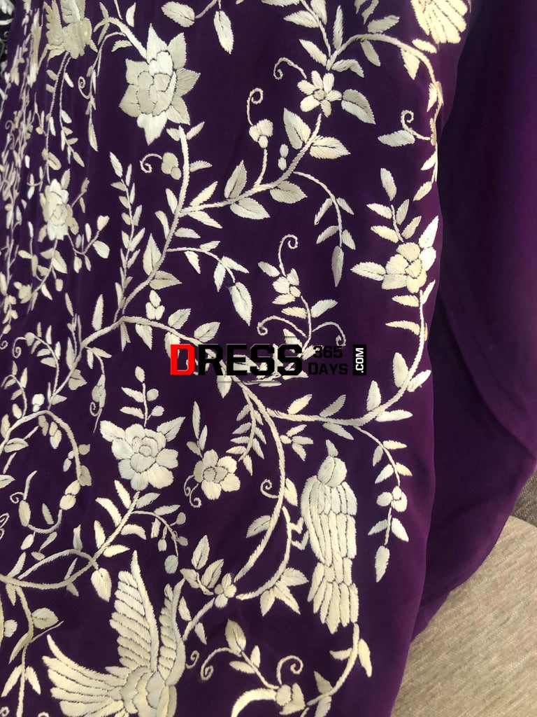 Purple & Ivory Hand Embroidered Parsi Gara Suit Parsi Suits