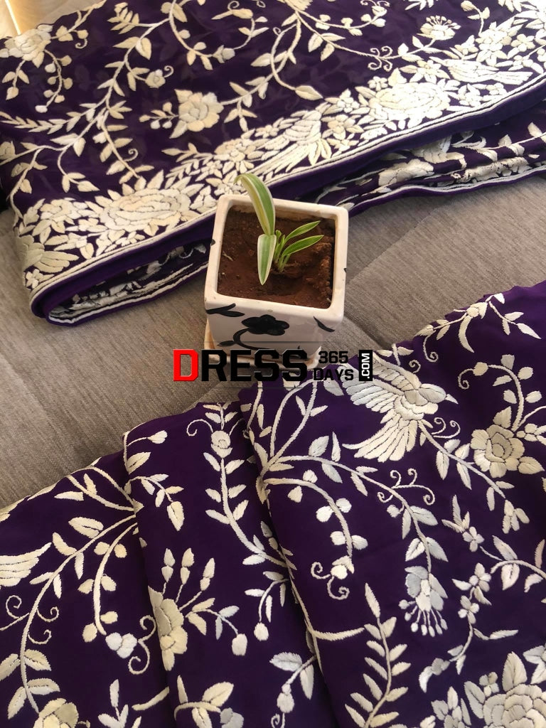 Purple & Ivory Hand Embroidered Parsi Gara Suit Parsi Suits