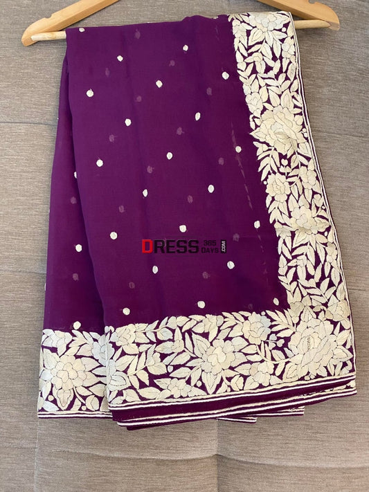 Purple & Ivory Parsi Gara Hand Embroidered Dupatta