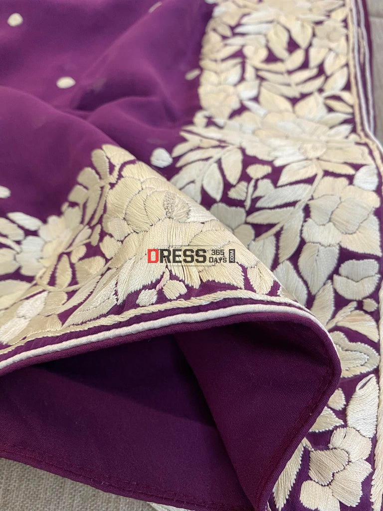 Purple & Ivory Parsi Gara Hand Embroidered Dupatta
