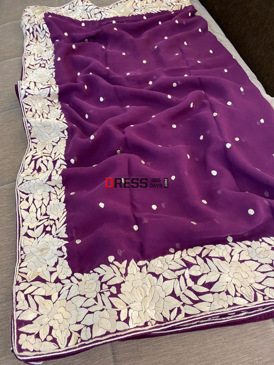 Purple & Ivory Parsi Gara Hand Embroidered Dupatta