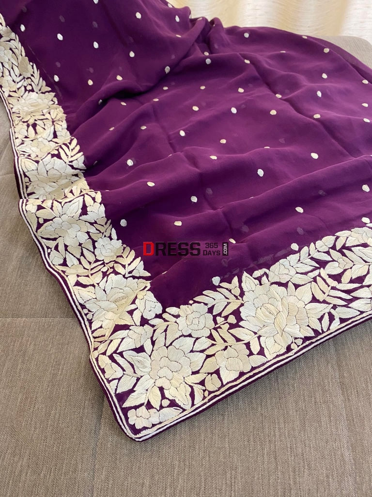 Purple & Ivory Parsi Gara Hand Embroidered Dupatta