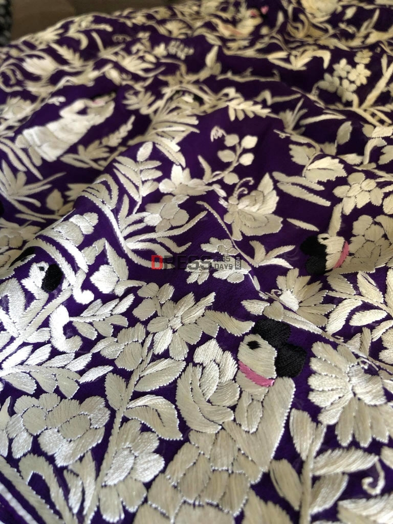 Purple & Ivory Parsi Gara Hand Embroidered Saree