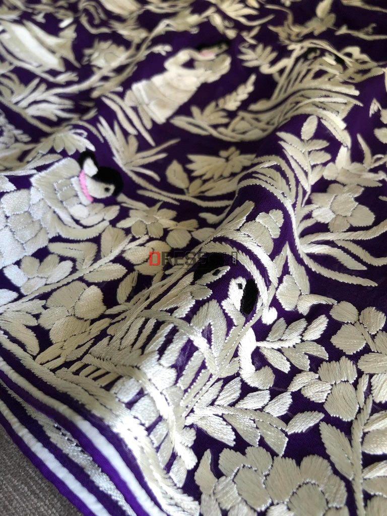 Purple & Ivory Parsi Gara Hand Embroidered Saree