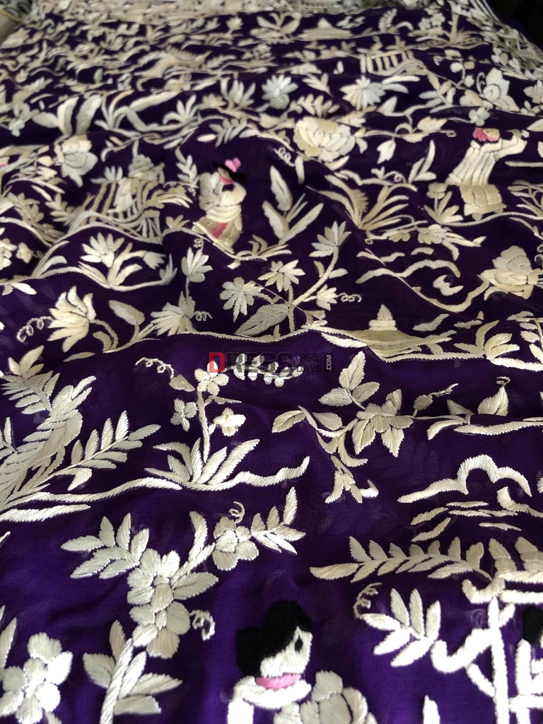 Purple & Ivory Parsi Gara Hand Embroidered Saree