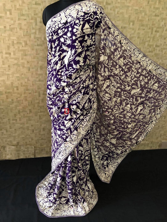 Purple & Ivory Parsi Gara Hand Embroidered Saree