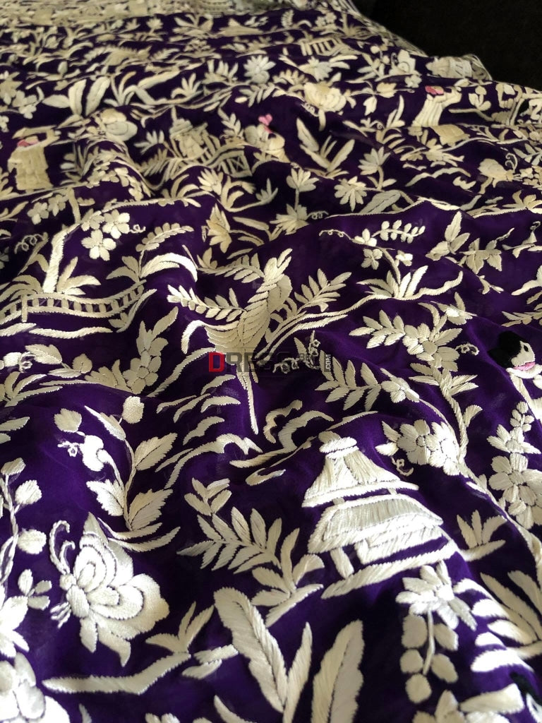 Purple & Ivory Parsi Gara Hand Embroidered Saree