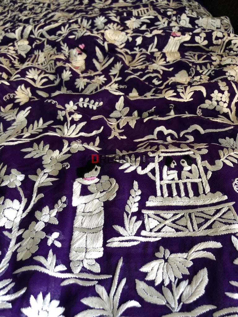 Purple & Ivory Parsi Gara Hand Embroidered Saree