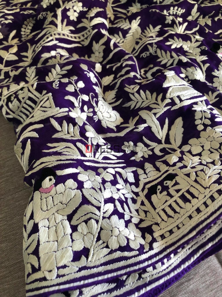 Purple & Ivory Parsi Gara Hand Embroidered Saree