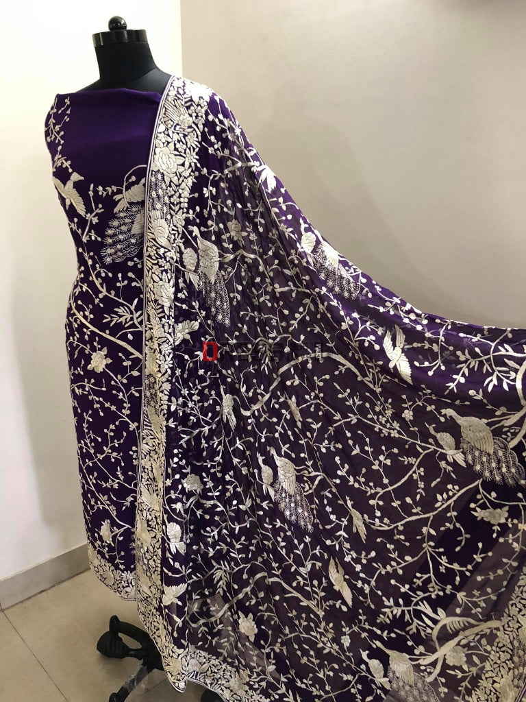 Purple & Ivory Parsi Gara Suit Suits