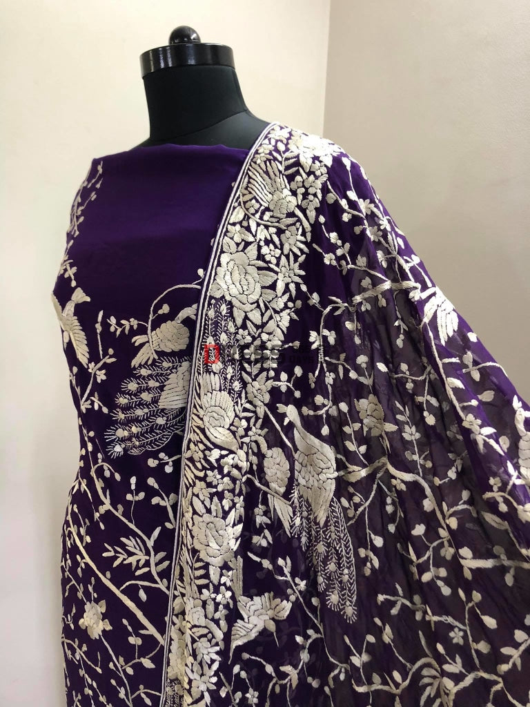 Purple & Ivory Parsi Gara Suit Suits